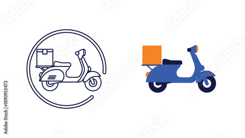 Collection of two vector icons depicting a scooter with a delivery box showing both a simple outline style and a modern flat color illustration ready for transport services.