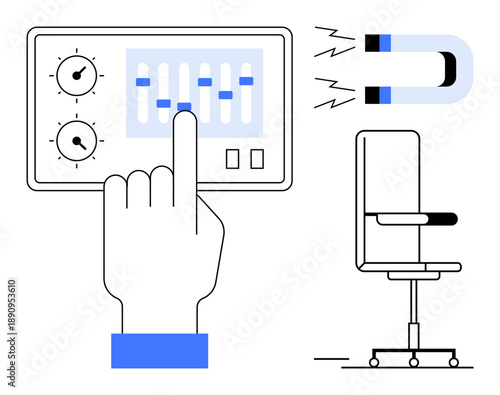 Technology, workplace ergonomics, magnetism, control systems, physics concepts, creative innovation. A hand adjusting sliders on a control panel, magnet affects chair elements. Technology