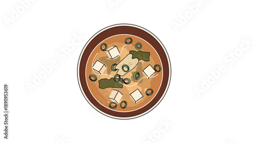 Graphic depiction of miso soup. Floating tofu cubes, vibrant green scallions, and delicate seaweed are in a warm broth. Top-down view highlights