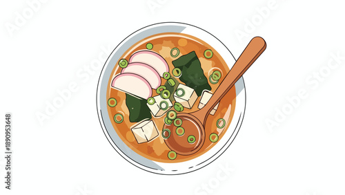 A vibrant and inviting illustration of a classic Japanese soup featuring fresh tofu, seaweed, fish cake, and green onions served in a pristine white