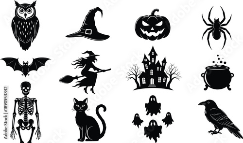 Halloween silhouette collection featuring a haunted house, flying witch, spooky ghosts, black cat, jack o lantern, owl, and creepy holiday symbols.