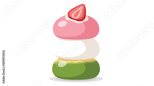 Vibrant layered mochi illustration with fresh strawberry topping a delightful Japanese confectionery art.