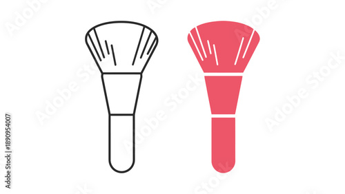 Simple vector icons illustrating a makeup powder brush in both outline line art style and solid flat color design for cosmetic applications.