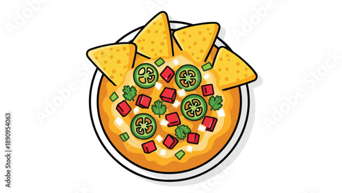 Vibrant cartoon illustration of cheesy dip with crunchy tortilla chips, jalapeños, and cilantro.