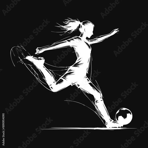 Dynamic White Sketch Female Soccer Player Kicking Soccer Ball Monochrome Action Sport Illustration