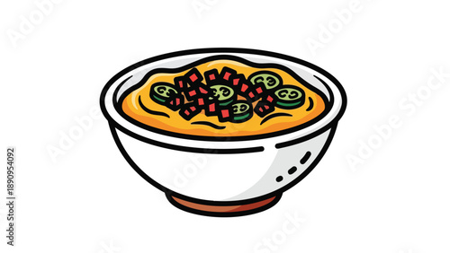 Cartoon graphic of creamy golden dip in white bowl, topped with green jalapeño slices and diced red items. Appetizing visual for culinary design,