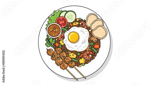 Vibrant Indonesian Fried Rice Platter with Succulent Satay Skewers, Fried Egg, and Fresh Vegetables