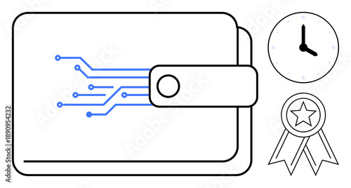 Digital payments, cryptocurrency, financial security, awards, achievement, time management. Wallet with a circuit, clock ribbon with a star. Digital payments and cryptocurrency