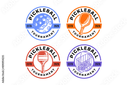 Pickleball tournament retro badge logo design set with ball, paddles and basket of balls illustration for sport, league, athletic, club