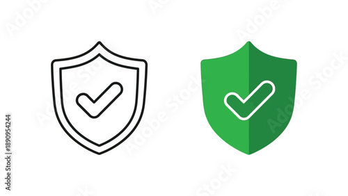 Two distinct graphic design styles presenting a secure verified shield icon one as a monochrome outline and the other as a filled green shape for digital assurance