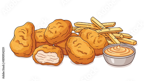 Golden breaded poultry morsels alongside seasoned potato strips and a creamy condiment bowl showcasing a classic fast-food favorite illustration