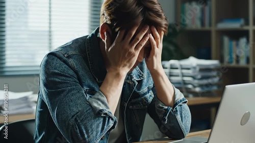 A man sitting at a desk in an office covering his face with his hands looking stressed and frustrated