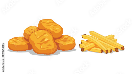Delicious golden fried chicken nuggets paired perfectly with a pile of crispy golden french fries for a classic fast-food meal vector illustration