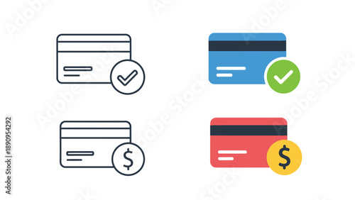 Collection of credit card icons illustrating payment approval success and transaction verification methods for digital finance concepts
