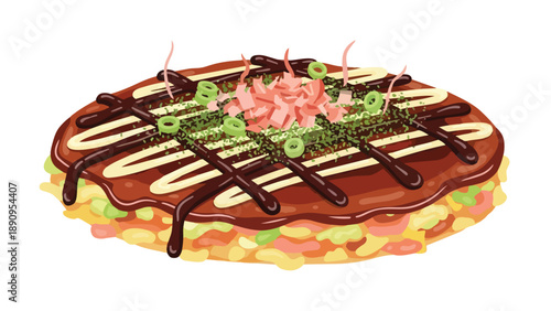 Delicious Okonomiyaki Japanese savory pancake illustration with various toppings and rich sauces