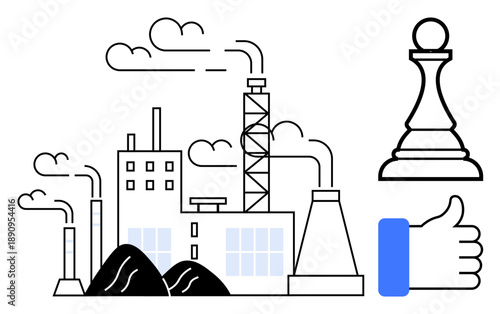 Industry concept. Industrial plants with smoke emissions production and environmental impact. Industry alongside chess and thumbs-up for strategy and progress. Great for environmental awareness