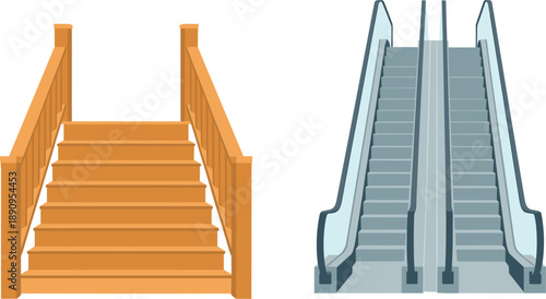 Wooden staircase with handrails next to modern electric escalator for building interior architectural vector illustration design