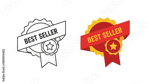Icon set displaying a best seller badge in two distinct styles one being a black line art outline and the other a vibrant flat color graphic design element