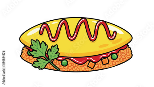 A delightfully vibrant cartoon illustration of a classic Japanese omurice dish featuring fluffy egg golden rice and savory tomato sauce with fresh