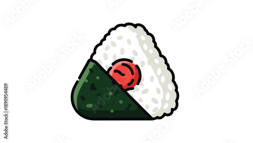 Simple graphic depicting a triangular Japanese onigiri with red plum filling and nori