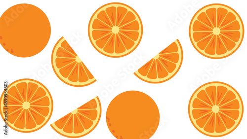 A cheerful, bright arrangement of whole oranges and various fresh slices, presenting a dynamic and healthy citrus pattern ideal for vibrant,