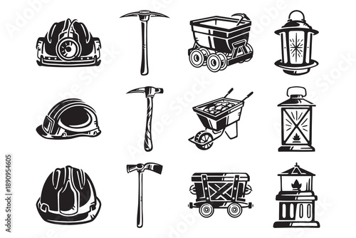 Mining tools and construction equipment retro illustration element design set with helmets, pickaxes, carts, wheelbarrows, and lanterns for industrial, labor and workforce