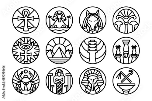 Ancient Egyptian monoline line art badge logo design set with deities, pharaoh, hieroglyphic figures, sacred objects for historical culture, mythology, education, archaeology