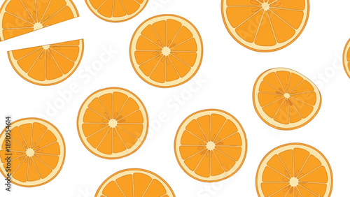 A bright, refreshing citrus fruit pattern showcasing vibrant orange slices arranged artfully on a crisp white backdrop, perfect for cheerful designs