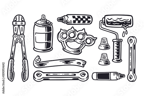 Workshop and mechanical tools retro illustration element design set with wrench, spray can, paint roller, plier and repair accessories for industrial, labor and streets