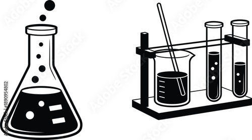 Science laboratory equipment with chemical glass flask, beaker, and test tubes on stand vector illustration design