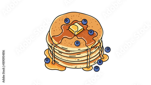 A vibrant illustration of golden pancakes generously topped with melting butter, sweet amber syrup, and fresh blueberries, capturing a delightful