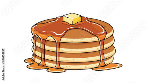 Delicious stack of golden pancakes with rich maple syrup and melting butter illustration