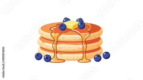 Golden pancakes, melted butter, sweet syrup cascade, fresh blueberries, inviting breakfast delight