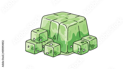 Fresh green jelly cubes and molded gelatin block in vibrant cartoon style