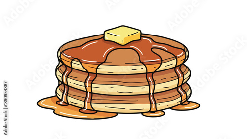 A delightful illustration of a stack of golden brown pancakes generously drenched in sweet amber syrup with a melting pat of butter on top a perfect