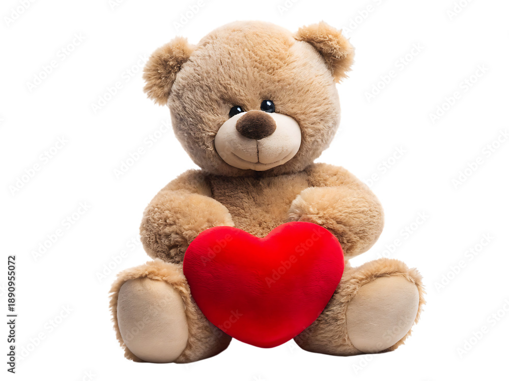 Obraz premium Close up teddy bear holding red heart sitting on white background isolated on a transparent background