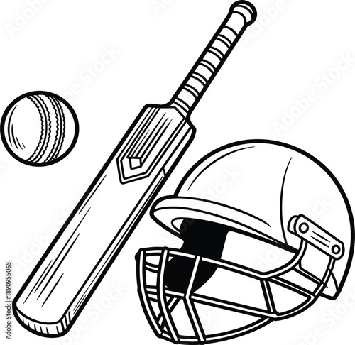 Cricket equipment set with wooden bat, leather ball, and protective helmet vector illustration for sports design