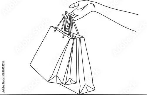 Hand Holding Shopping Bags – Retail and Consumerism Line Art Illustration