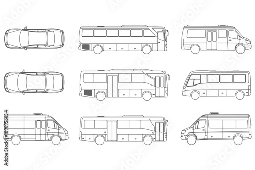 Car, Bus and Minibus CAD Silhouette and Outline Vector Set