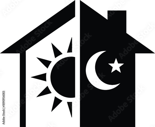 Day and Night House Icon with Sun and Moon – Minimalist Black and White Vector Illustration