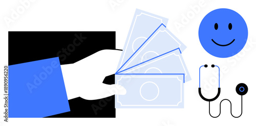 Healthcare costs. Image healthcare costs with cash being exchanged, a stethoscope symbol, and a happy face. Healthcare costs involving finance, wellness, and quality of care. Suitable for healthcare