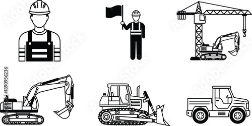 Construction industry illustration set with worker machinery excavator crane bulldozer and truck black and white engineering design concept