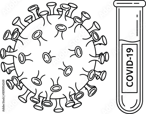 Coronavirus line art illustration with COVID 19 virus cell and test tube medical science pandemic healthcare concept design