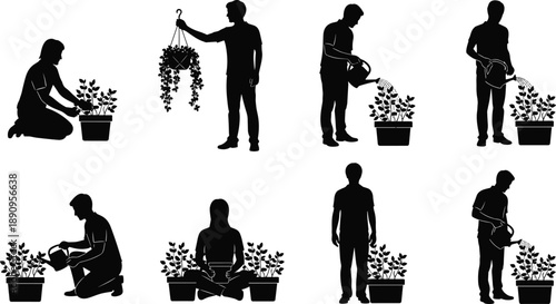 Gardening activity silhouettes showing man planting watering and caring plants indoor outdoor hobby black and white illustration set