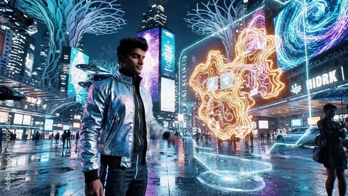A futuristic cityscape at night with a man in a metallic jacket interacting with glowing blue lines and orbs in the air