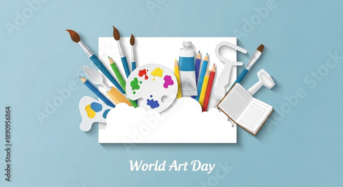 Art supplies on a white canvas for world art day celebration with paints and brushes