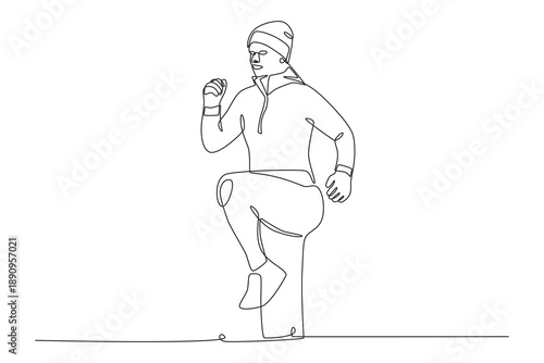 Man stretching in winter. Outdoor winter workouts one-line drawing