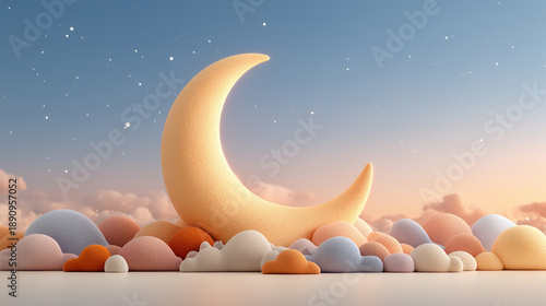 Playful 3D Ramadan background with crescent moon made of soft pillows and fabric folds, warm studio lighting and pastel night sky