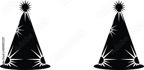 Party cone hat silhouettes illustration with festive sparkle bursts celebration accessory design black and white holiday event graphic set