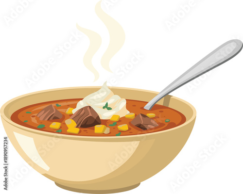 Hot delicious bowl of beef stew with corn and cream topping isolated on white background vector